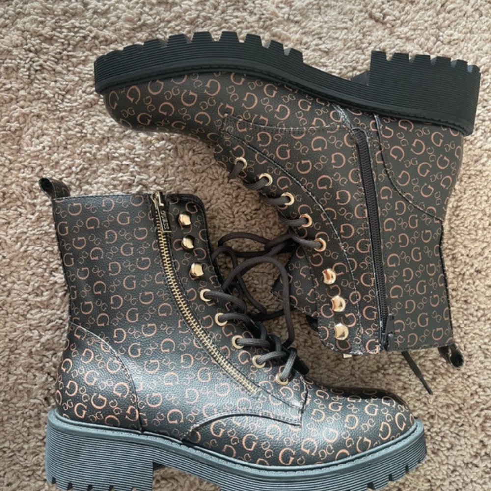 Guess Black and Brown Combat Moto Boots with Chunky Sole
